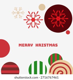 A festive greeting card features red snowflakes and colorful striped ornaments arranged around a central holiday message. The modern graphic design uses a minimalist palette of red, green, and beige against a clean white background.