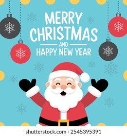 A festive greeting card featuring a cheerful Santa Claus waving, set against a light blue background with hanging red and black ornaments adorned with snowflakes. Perfect for spreading holiday cheer.