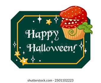A festive greeting card featuring a whimsical design full of fun. A spooky Halloween treat. Delicious cupcake with a toothy strawberry monster.
