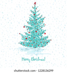 Festive greeting card. Fir tree with red balls on green blue snowy seamless background and text Happy New Year Vector illustrations