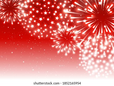 Festive greeting card with fireworks on starry red background