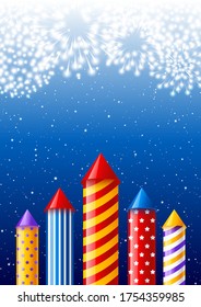 Festive greeting card with fireworks and rockets on starry night sky background
