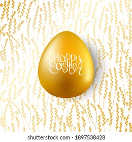 Tarjeta de saludo festivo con huevos de pascua de oro y flores de primavera