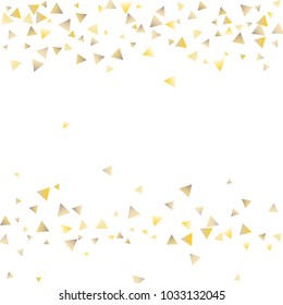 Festive greeting card with gold falling confetti triangles on white background for design decoration. Gold tinsel confetti. Christmas golden confetti. Vector background.