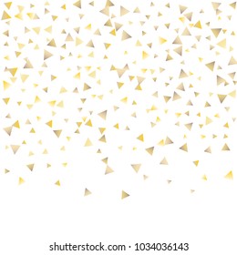 Festive greeting card with gold falling confetti triangles on white background for design decoration. Gold tinsel confetti. Christmas golden confetti. Vector background.