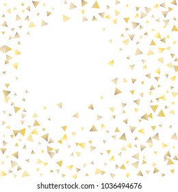 Festive greeting card with gold falling confetti triangles on white background for design decoration. Gold tinsel confetti. Christmas golden confetti. Vector background.