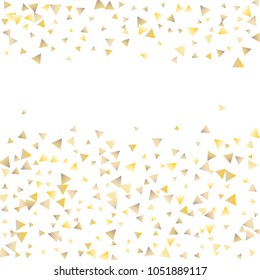 Festive greeting card with gold falling confetti triangles on white background for design decoration. Gold tinsel confetti. Christmas golden confetti. Vector background.