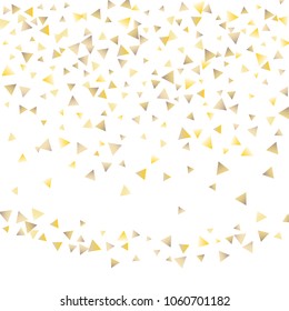 Festive greeting card with gold falling confetti triangles on white background for design decoration. Gold tinsel confetti. Christmas golden confetti. Vector background.