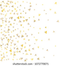 Festive greeting card with gold falling confetti triangles on white background for design decoration. Gold tinsel confetti. Christmas golden confetti. Vector background.