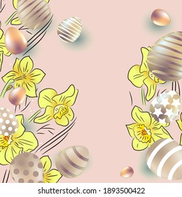 Festive greeting card with golden eggs and daffodils