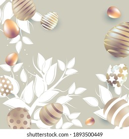 Festive greeting card with golden eggs and tree branches