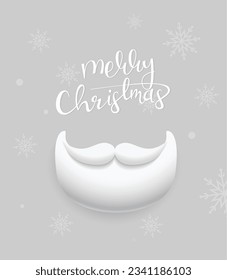 Festive greeting card with a hand drawn Merry Christmas message and Santa Clause's beard and mustache. Vector illustration.