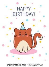 Festive greeting card Happy Birthday. Cute kawaii cat in a birthday party hat. Vector illustration in cartoon style for greeting card, holiday poster, banner.