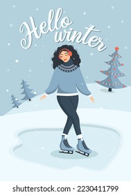 Festive greeting card hello winter with landscape, cute girl ice skating