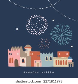 Festive greeting card, invitation. Muslim holy month. Ramadan Kareem holiday. Hand drawn Moroccan houses, town at night with stars, lights garlands. Colorful fireworks. Vector illustration backround. 