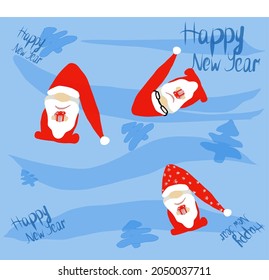 Festive greeting card for the new year with Santa Claus and a Christmas tree on a blue background. Christmas and New Year design.