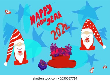 Festive greeting card for the new year with Santa Claus and a Christmas tree on a blue background. Christmas and New Year design.