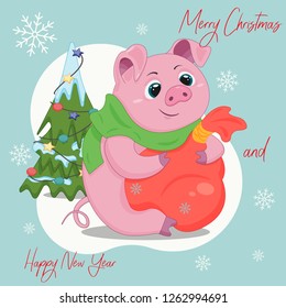 Festive greeting card piglet with a bag of gifts and a Christmas tree in the snow. Christmas and New Year. Blue background