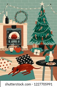 Festive greeting card or postcard template with cozy room decorated for holidays, Christmas tree, fireplace and dog sleeping on carpet. Colorful vector illustration in modern flat cartoon style.