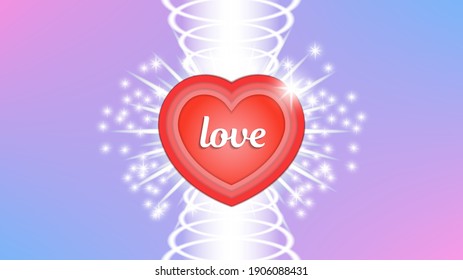 Festive greeting card with red layered heart and the word love. Bright white glowing circles, rays and sparks. Flashes and shadows. Clipping mask. EPS10