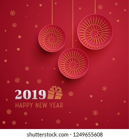 Festive greeting card of red spiral twisted paper circles with shadow on red background with scattered golden snowflakes. Vector template for valentine, christmas and birthday card, wedding invitation