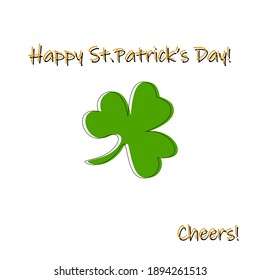 Festive greeting card for Saint Patrick's Day celebration or party with green leaf of clover in the center on white. Simple and minimal. 