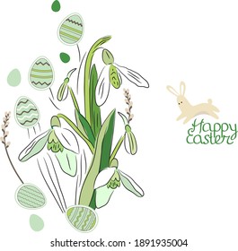 Festive greeting card with  spring flowers, eggs and rabbit