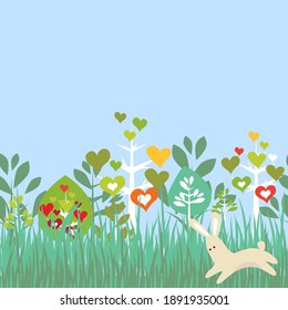 Festive greeting card with  spring trees and rabbit