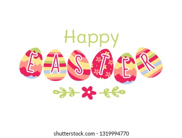 Festive greeting card template with Happy Easter wish handwritten with elegant cursive font and decorated eggs on white background. Flat vector illustration for spring religious holiday celebration. 