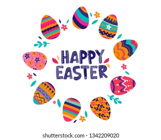 Festive greeting card template with Happy Easter wish handwritten with elegant cursive font and decorated eggs on white background. Flat vector illustration for spring religious holiday celebration.