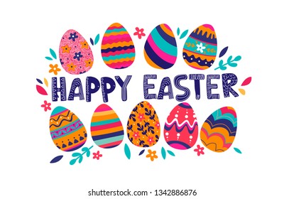 Festive greeting card template with Happy Easter wish handwritten with elegant cursive font and decorated eggs on white background. Flat vector illustration for spring religious holiday celebration.