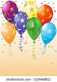 Festive greeting card with translucent balloons with stars and confetti. Vector image. Eps 10