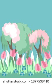 Festive greeting card with trees and spring flowers
