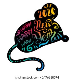 Festive greeting card vector illustration. Happy new 2020 year lettering on mouse silhouette