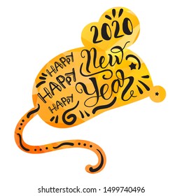 Festive greeting card vector illustration. Happy new 2020 year lettering on mouse silhouette