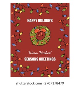 Tarjetas de felicitación festivas con una corona de Navidad decorativa y un alegre diseño de Año Nuevo