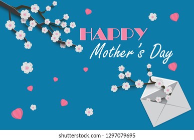 Festive greeting cards Happy Mother's Day, envelopes with spring blooms, pink flowers, top view. Vector illustration. Heart and flower confetti on a light blue background