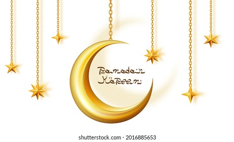 Festive greeting composition consisting of golden realistic crescent and stars suspended on golden chains with realistic shadows, isolated on a white background.