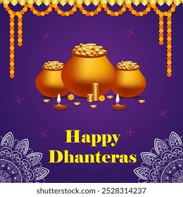 Uma saudação festiva para Dhanteras com um fundo roxo escuro com potes dourados cheios de moedas iluminadas diyas e guirlandas de calêndula simbolizando prosperidade e bênçãos






