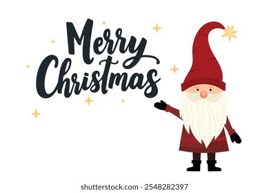 Festive greeting "Merry Christmas" lettering with whimsical gnome with long white beard on white background. Merry vector Christmas gnome in festive family style. For postcards, posters, invitations.