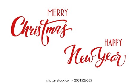 Festive greeting with New Year and Merry Christmas using letters of original shapes. Hand lettering calligraphy. Isolated on white background