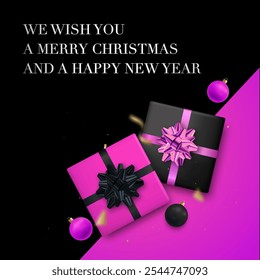 Festive greeting on purple with gifts.