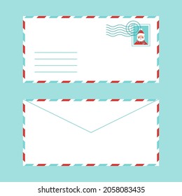 Festive greeting postal envelope with a stamp and place for text. Double-sided envelope. Cartoon vector illustration