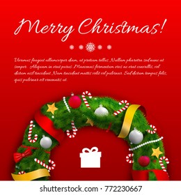 Festive greeting poster with green wreath text ribbons bows balls candies gift on red background vector illustration