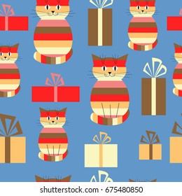 Festive greeting seamless background with a cute cats and gifts