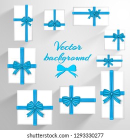 Festive greeting template with white invitation cards and blue silky satin ribbon bows vector illustration