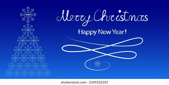 Festividad de la postal de la ilustración vectorial de saludo - un estilizado árbol de Navidad que consiste en copos de nieve gradientes, un trazo decorativo, y la inscripción Feliz Navidad, Feliz Año Nuevo.