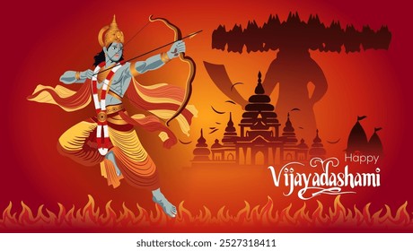   Uma saudação festiva para Vijayadashami Ele apresenta Lord Rama como um guerreiro desenhando seu arco com a silhueta de Ravana e um horizonte da cidade atrás dele Texto lê Happy Vijayadashami






