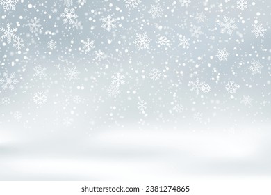 Festive grey background with falling snow and snowflakes, magical winter sky with heavy snowfall, fantasy shining snowy backdrop for Christmas and new year celebrations , vector illustration.