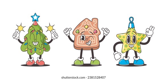 Festive Groove Characters. Gingerbread House, Decorated Tree, And Star Toy, Setting The Xmas Scene Vector Illustration